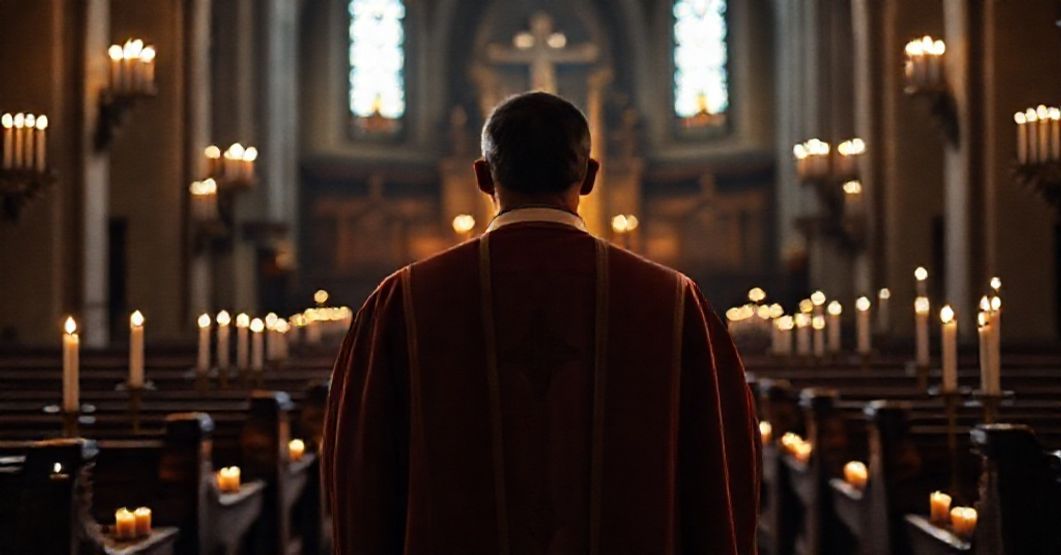 Catholic Priest Praying for the Holy Souls in Purgatory A Catholic priest in traditional vestments praying for the Holy Souls in Purgatory in a dimly lit church with votive candles.