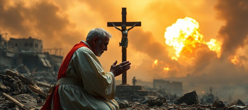 A Catholic priest in traditional vestments kneeling in prayer before a crucifix amidst Middle Eastern conflict, symbolizing the absence of divine guidance in modern geopolitics.