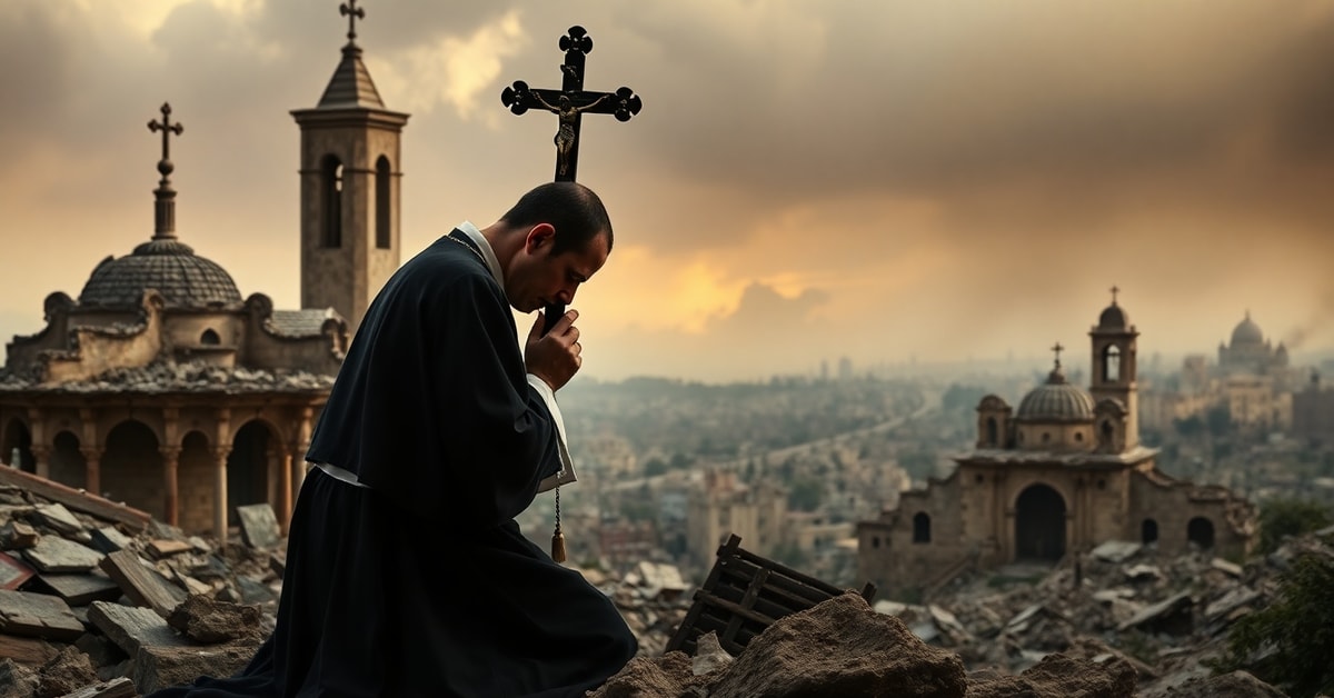 Catholic priest praying solemnly in a war-torn Middle Eastern landscape, symbolizing divine judgment over geopolitical conflicts