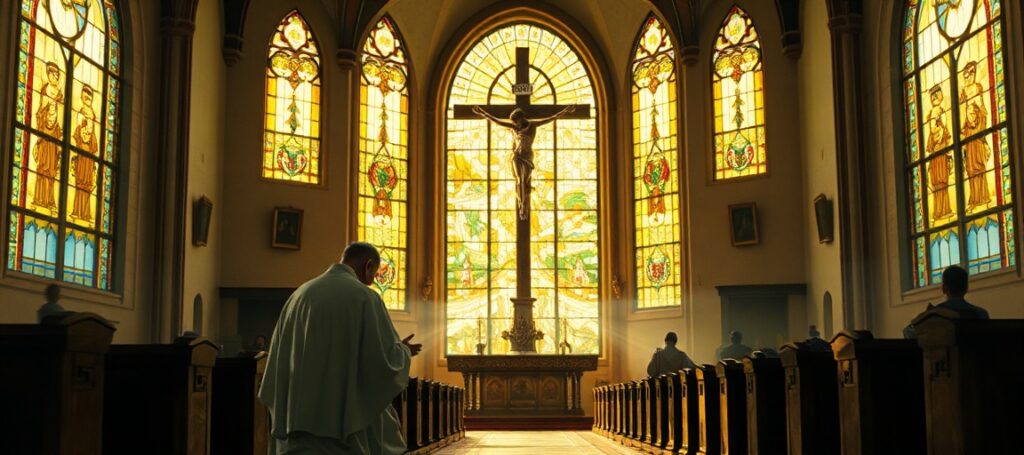 Traditional Catholic priest praying in a church, symbolizing the Church's mission amid persecution and secular policies.