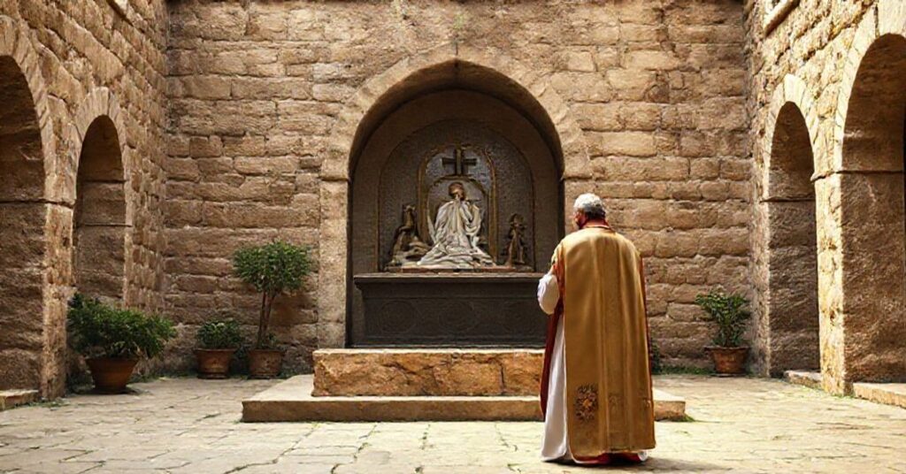 A traditional Catholic priest praying solemnly at the tomb of St. Charbel Makhlouf in Annaya, Lebanon.