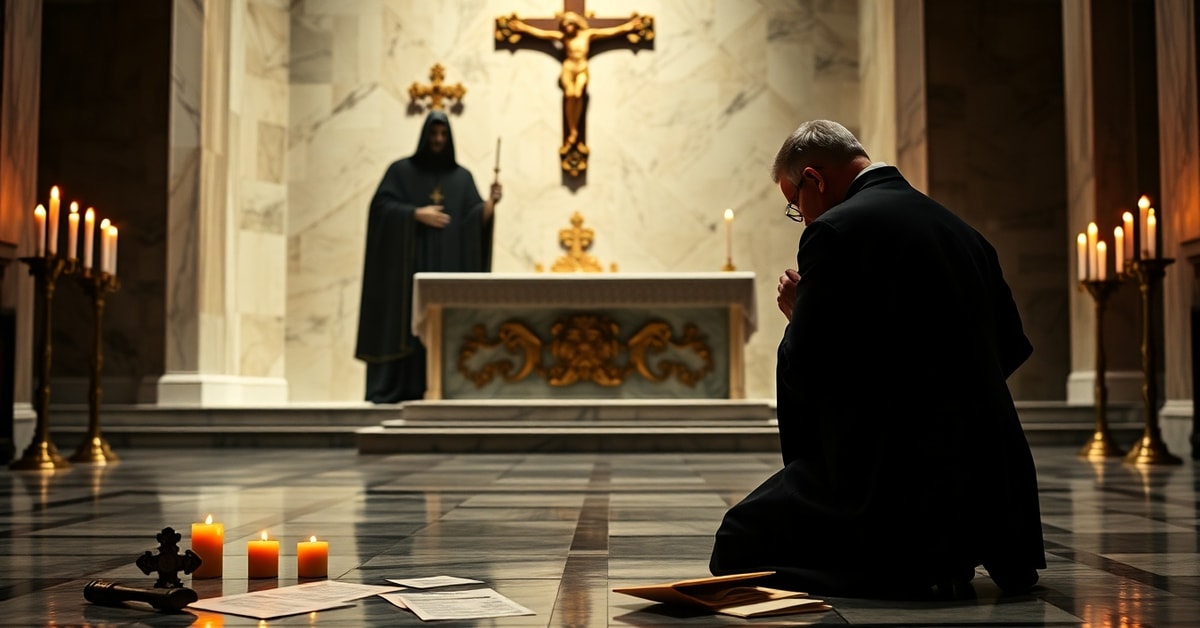Traditional Catholic priest in prayer before crucifix with shadowy abortion rights advocate and unborn child silhouette - critique of conciliar complicity in culture of death.