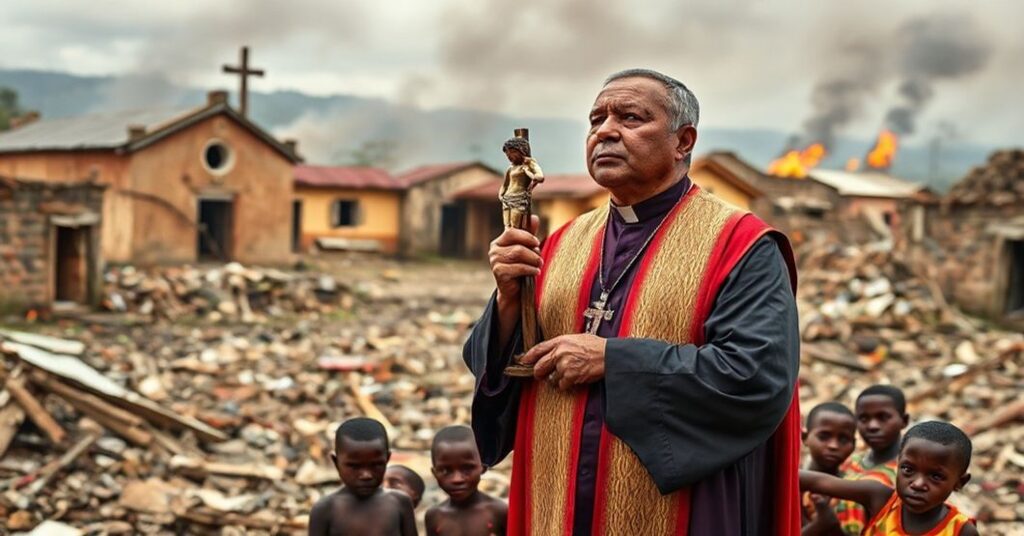 A Catholic priest in traditional vestments stands amidst the ruins of a desecrated church in South Kivu, Democratic Republic of Congo, praying for displaced children during the ongoing crisis.