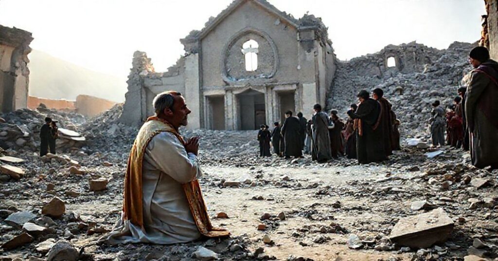 A Catholic priest kneels in prayer before a ruined church in Afghanistan after an earthquake, symbolizing divine judgment and the need for repentance.