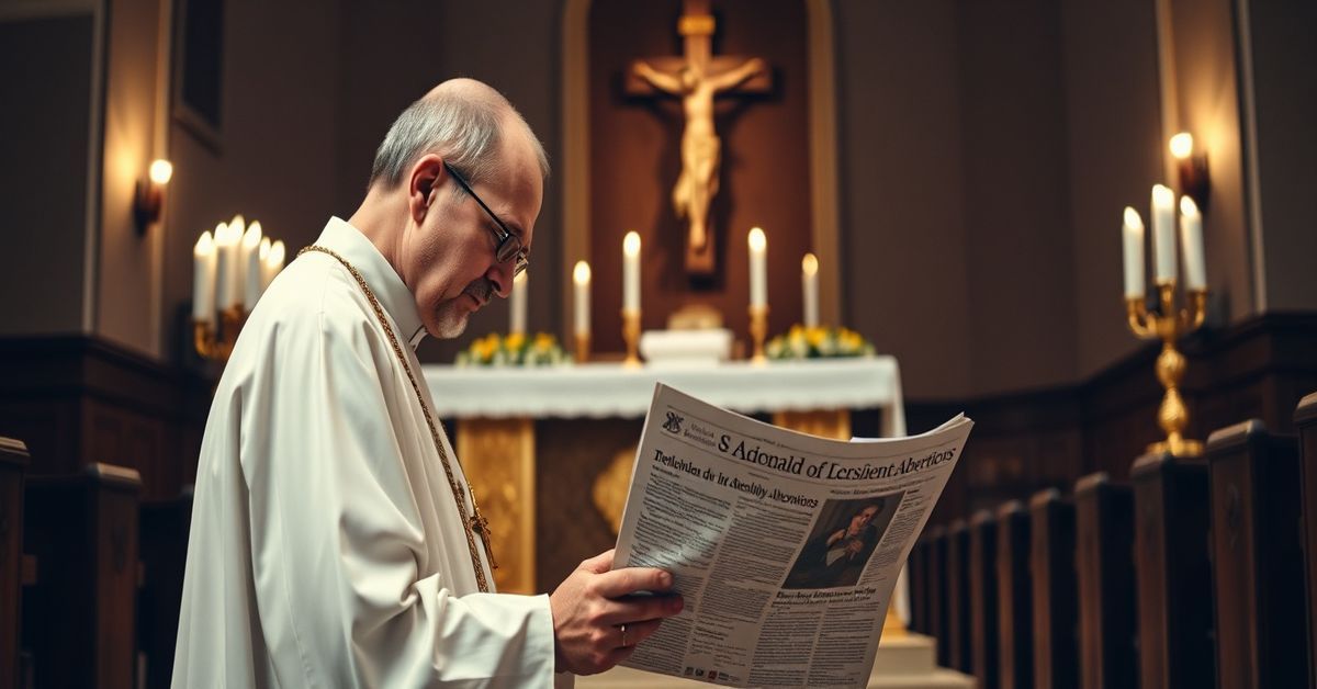 A Catholic priest in traditional vestments kneels in prayer before an altar, reflecting on the grave sin of telehealth abortions as detailed in a newspaper.