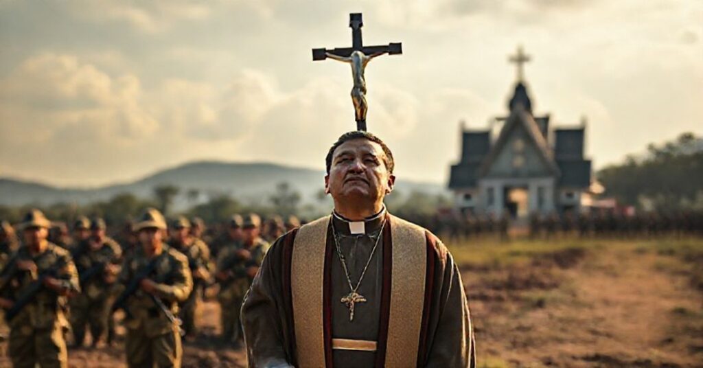 Catholic priest in traditional vestments prays on a battlefield in Thailand-Cambodia border, symbolizing the need for Christ's kingship in secular conflicts.