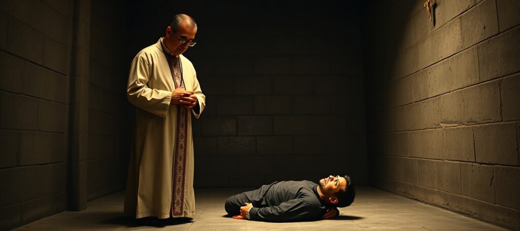 A Catholic priest praying with an Iranian political prisoner in a dimly lit prison cell, symbolizing faith amid persecution.