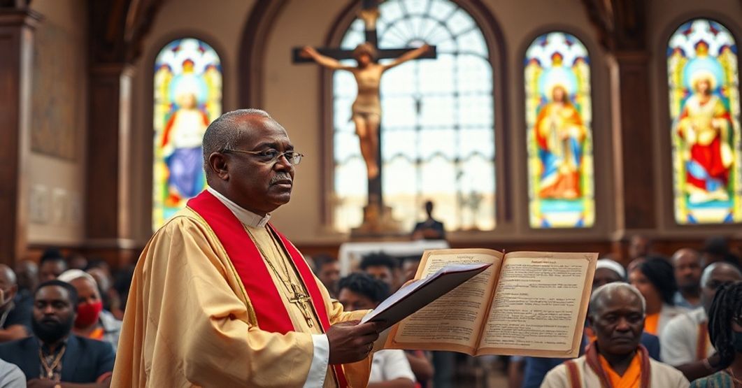 A traditional Catholic priest preaching about Christ's Social Kingship in a Nigerian church, surrounded by sacred symbols and a congregation.