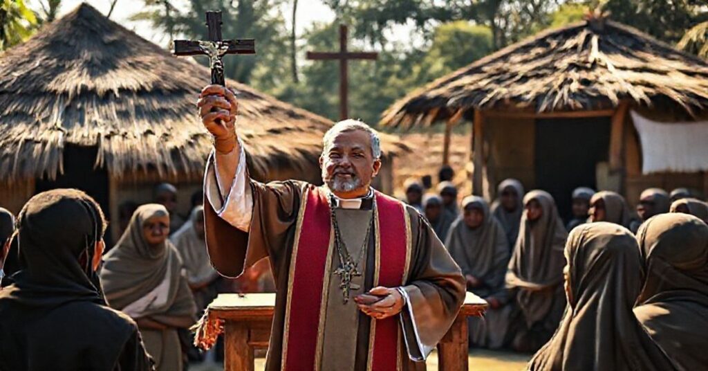 A Catholic priest preaching to Rohingya Muslims in Bangladesh, emphasizing the need for conversion amidst secular humanitarian efforts.