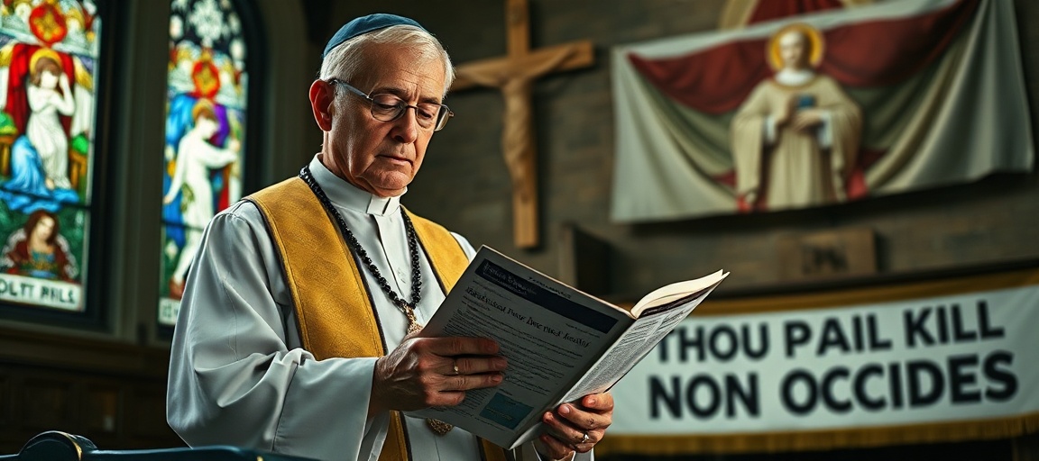 A Catholic priest reads a report on abortion pill violations while standing in a church with stained glass windows depicting the Holy Innocents.