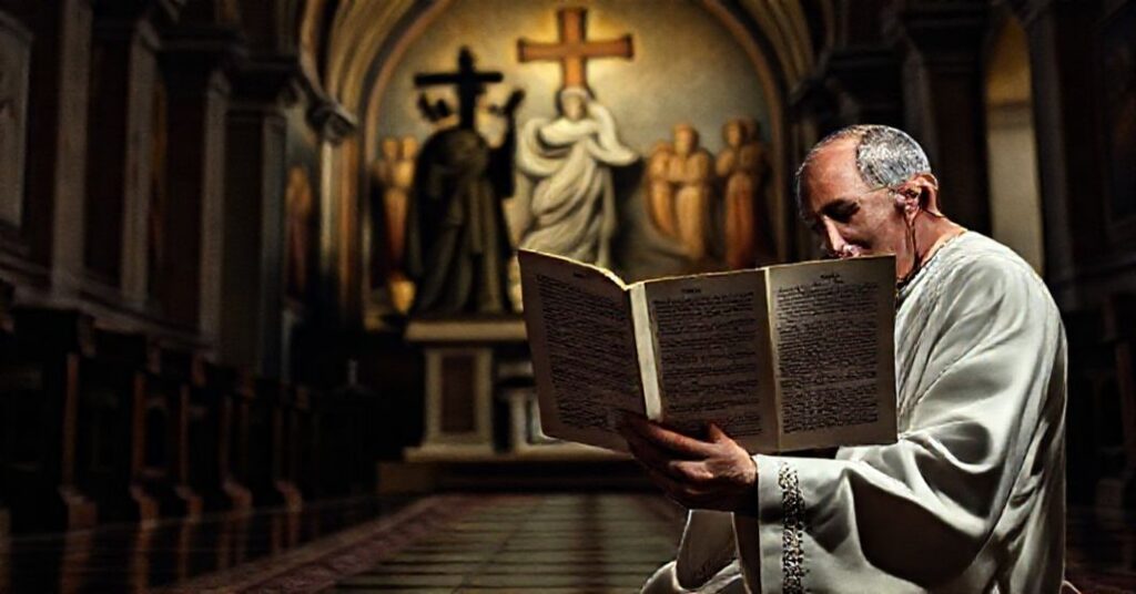 A Catholic priest in traditional attire kneels in a historic church, reading an Apostolic Letter by antipope Robert Prevost with a statue of Christ the King in the background.