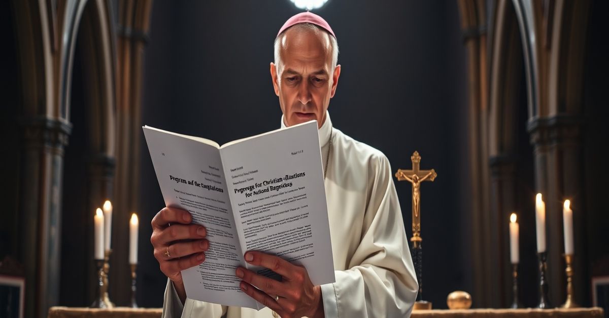 Solemn Catholic priest in traditional cassock reading a Vatican document on Christian-Muslim relations in a dimly lit gothic chapel.
