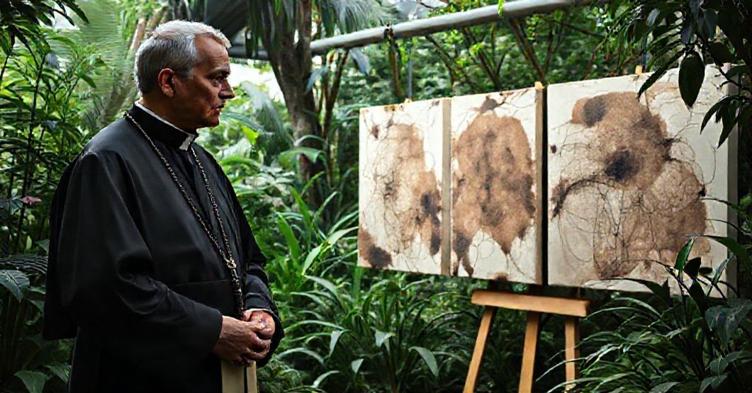 A Catholic priest in traditional cassock stands in a botanical garden, looking dismayed at a modern art exhibition displaying mud-stained canvases.