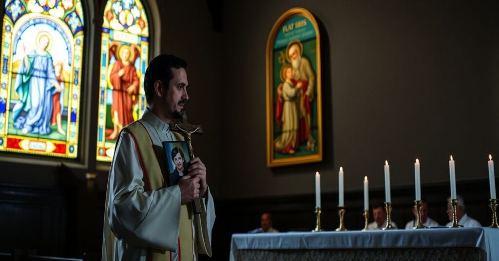 A Catholic priest in traditional vestments holds a crucifix in a dimly lit church, looking sorrowfully at a photo of Noelia Castillo Ramos with a stained-glass window depicting the Last Judgment behind him.