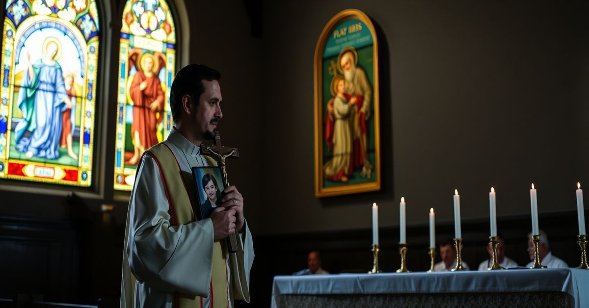 A Catholic priest in traditional vestments holds a crucifix in a dimly lit church, looking sorrowfully at a photo of Noelia Castillo Ramos with a stained-glass window depicting the Last Judgment behind him.