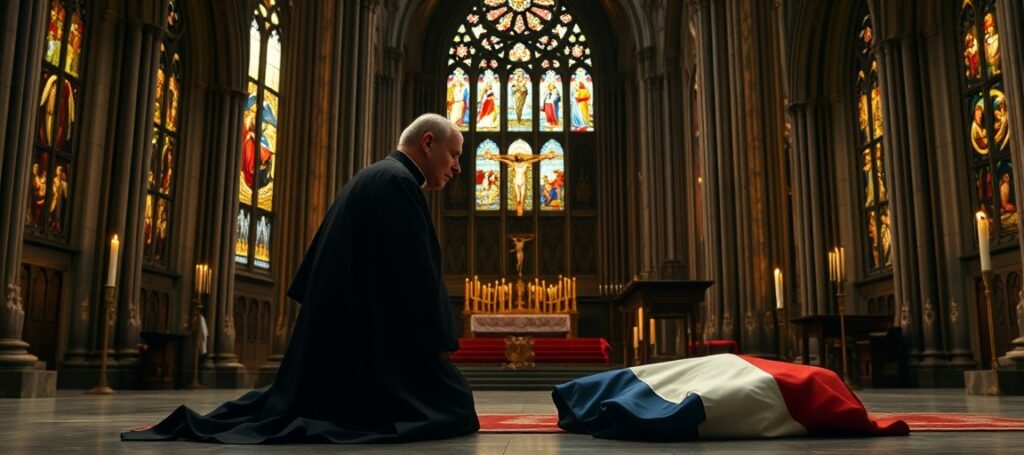 Catholic priest in prayer before crucifix rejects Masonic American and French revolutions symbolized by torn flags at cathedral altar