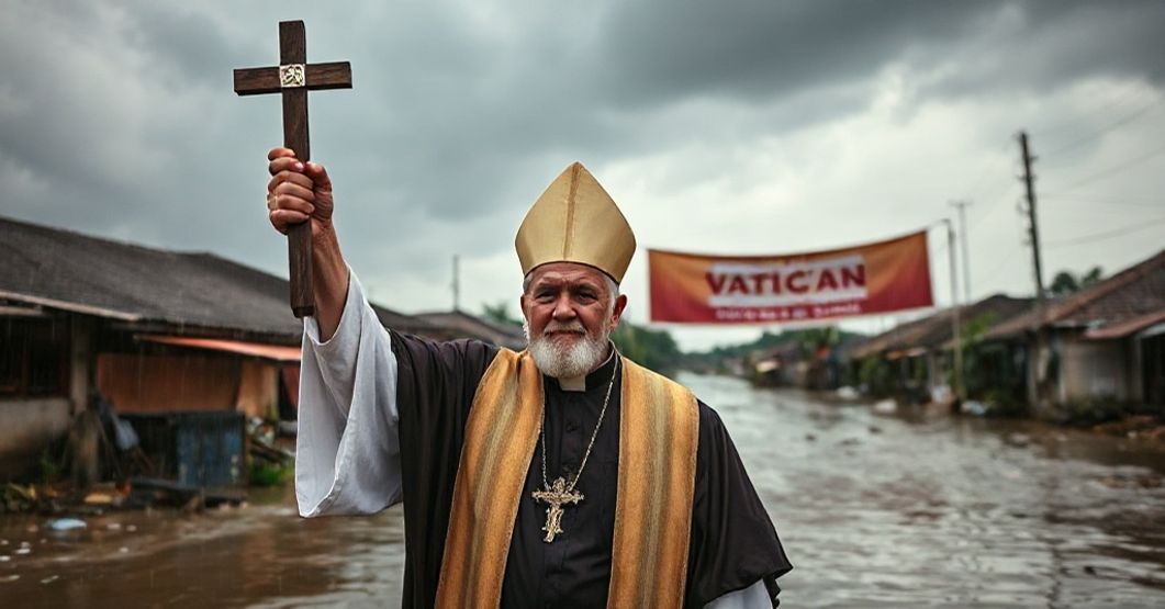 Traditional Catholic priest calling for repentance in a flooded Southeast Asian village, contrasting with false Vatican humanitarian gestures