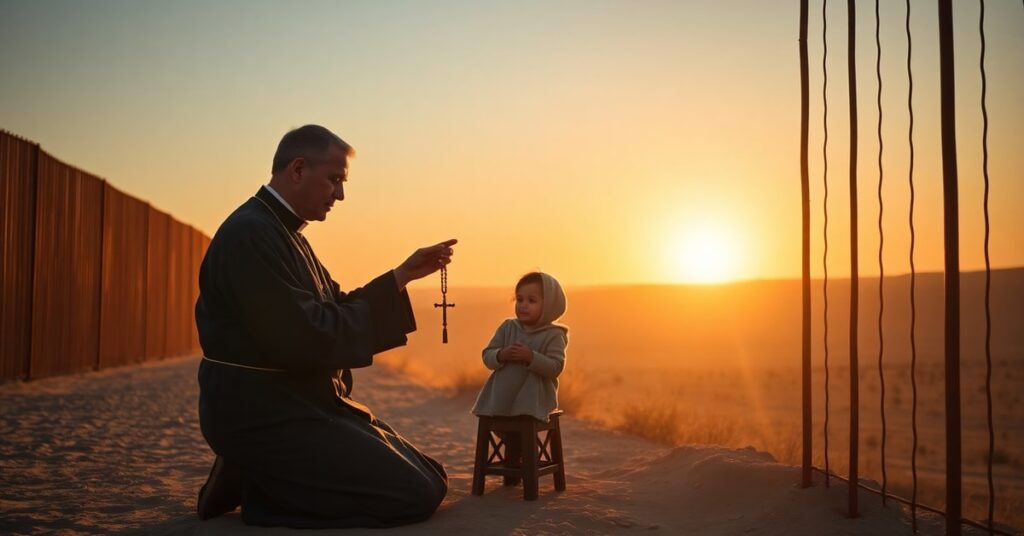 Catholic priest offering rosary to asylum-seeking mother at US-Mexico border under golden sunset