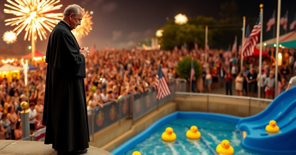 Catholic priest watching a rubber duck regatta on Independence Day, symbolizing the conflict between faith and secular humanitarianism in Catholic Charities events