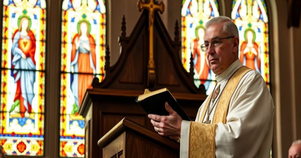 A Catholic priest delivering a sermon in a traditional church setting, emphasizing the Social Kingship of Christ and criticizing secular approaches to the pro-life movement.