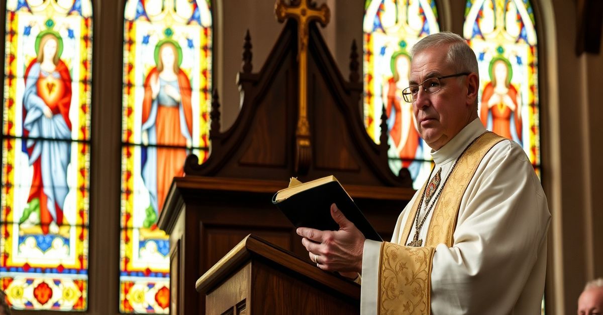 Catholic Priest Addressing Pro-Life Movement's Secular Approach A Catholic priest delivering a sermon in a traditional church setting, emphasizing the Social Kingship of Christ and criticizing secular approaches to the pro-life movement.