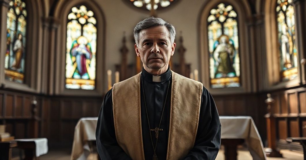 A Catholic priest in traditional cassock stands solemnly before an empty altar with a Shroud of Turin replica in a reverent church setting.
