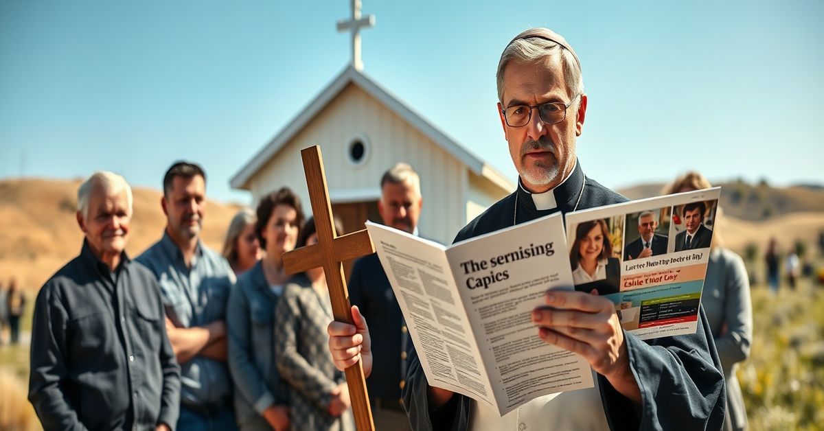 A Catholic priest in traditional cassock stands solemnly in front of a church, reflecting on the spiritual crisis described in the article.