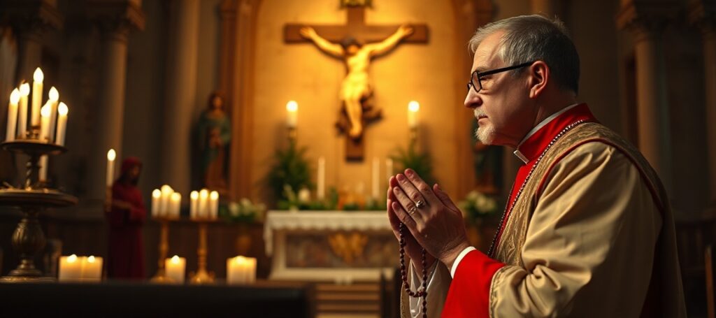 A solemn Catholic priest in traditional vestments kneeling in prayer before a crucifix with a Rosary.