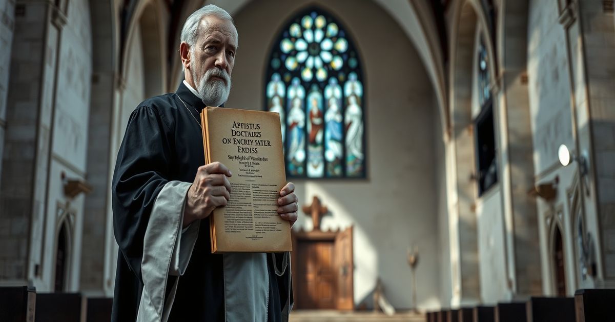 Traditional Catholic priest holding Syllabus of Errors before a decaying modernist church, symbolizing the conflict between immutable doctrine and post-Vatican II apostasy.