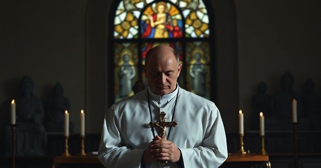 A traditional Catholic priest in solemn prayer before an altar, contrasted against shadows of Buddhist statues in a church setting.