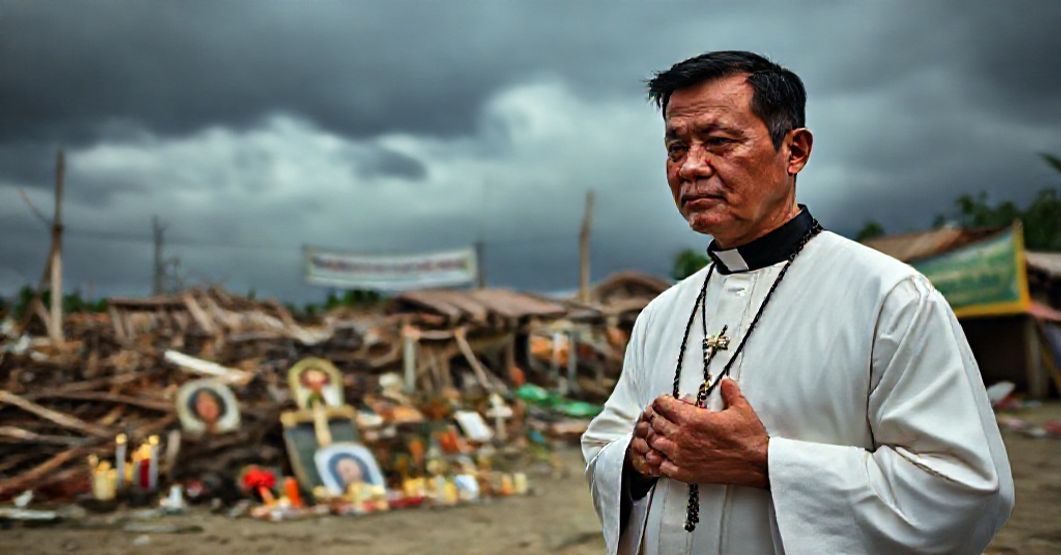 Catholic priest praying in typhoon-stricken Philippines village with contrast of pagan 'Mother Earth' banner in background