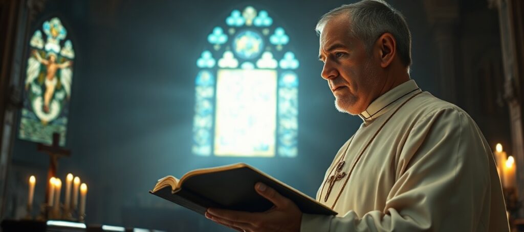 A Catholic priest in a church contemplating a mysterious light in the sky, symbolizing the spiritual dangers of extraterrestrial speculation.