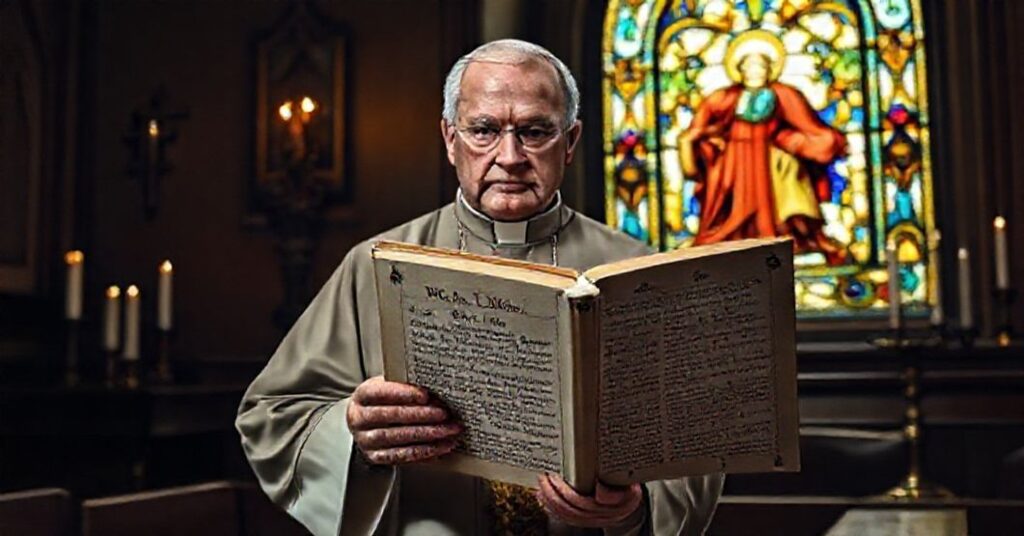 A Catholic priest in traditional vestments holds Pope Pius IX's Syllabus of Errors before a book promoting ecumenical dialogue with Methodists.