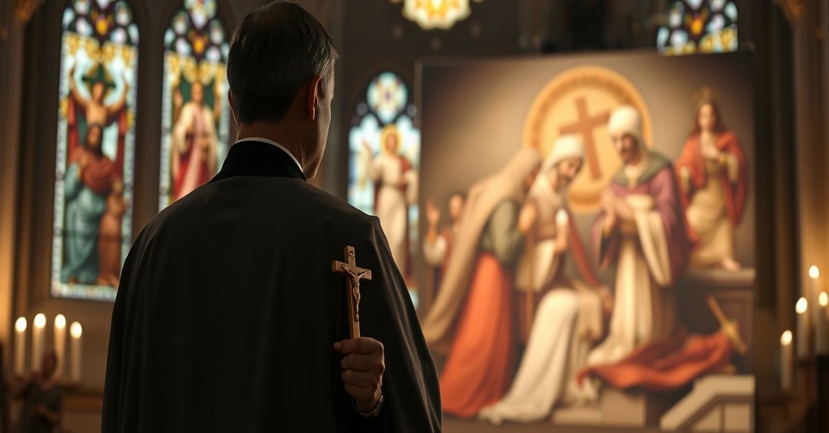 A Catholic priest in traditional attire stands solemnly in a church, holding a crucifix while contrasting with a depiction of Shia Islamic martyrdom.