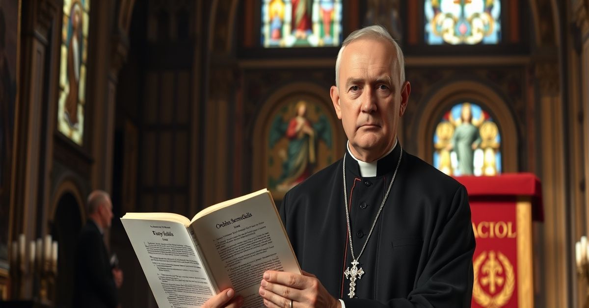 A traditional Catholic priest holding Ordinatio Sacerdotalis in a church, contrasting with a modernist figure near a Synod podium.