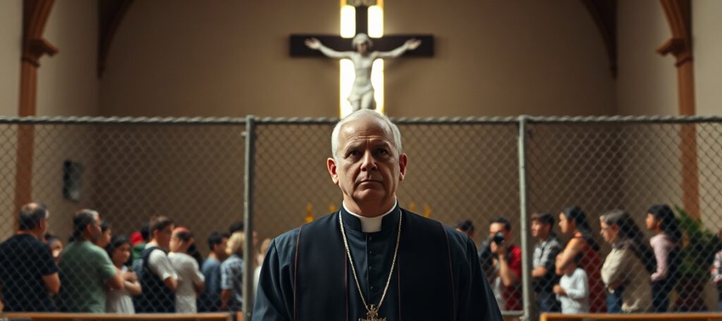 A Catholic priest in traditional vestments stands solemnly in a church sanctuary, gazing at detained families separated by a fence, with a large crucifix behind him symbolizing Christ's kingship.
