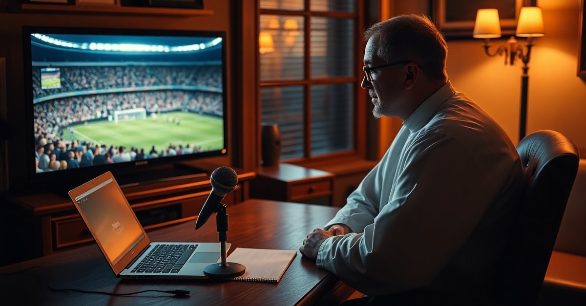 A Catholic priest in cassock looking at a World Cup broadcast on television, symbolizing the conflict between faith and secular entertainment in modern Catholic media.