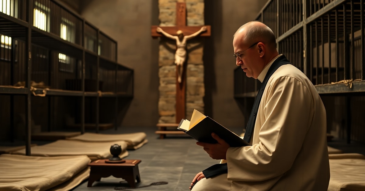A Catholic priest kneeling in prayer before a crucifix in a prison cell, symbolizing the abandonment of incarcerated Catholics in the post-conciliar Church.