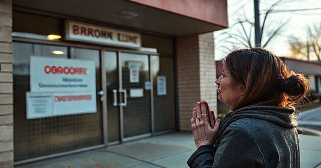Catholic pro-life advocate praying in front of a closed abortion clinic with a rosary, highlighting the closure of primary care services and the contrast with life-affirming healthcare facilities.