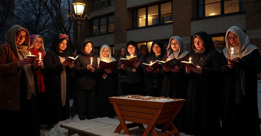 Solemn Catholic demonstrators sing carols outside an abortion clinic with an empty manger in the foreground.