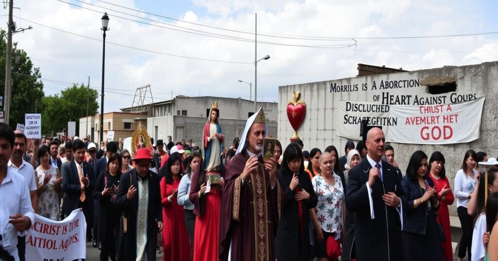 Catholic procession in El Salvador protesting abortion with religious symbols and banners.