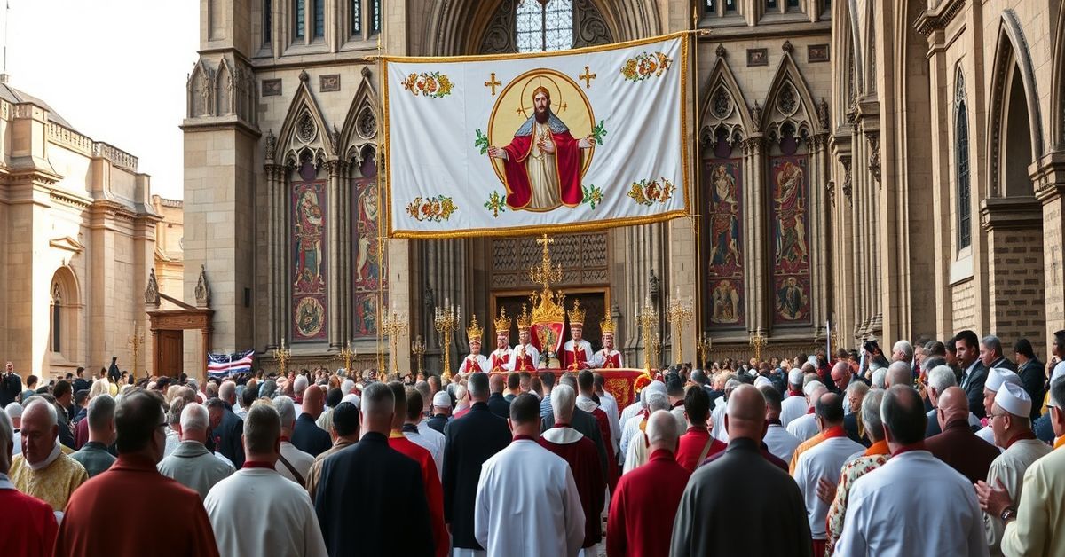 Catholic procession under Christ the King banner in front of a medieval cathedral
