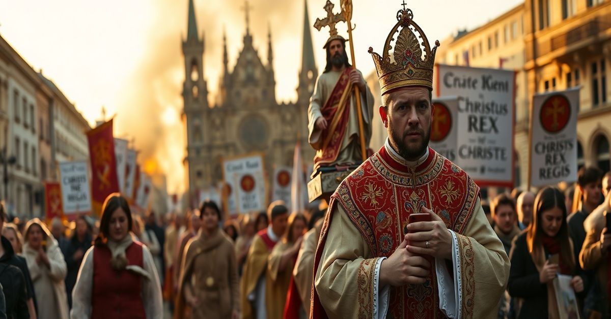 Catholic procession with Christ the King statue in a European city square with a burned church in the background.