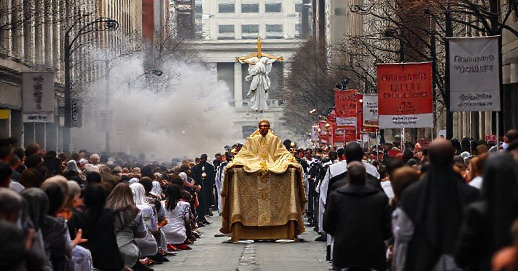 Catholic Faithful Process with Blessed Sacrament for Social Kingship of Christ Catholic procession with Blessed Sacrament against Planned Parenthood clinic backdrop