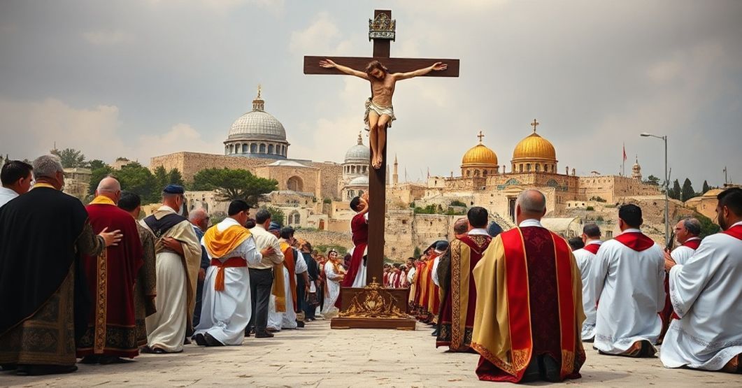 Traditional Catholic procession in the Holy Land emphasizing Christ's reign over secular conflicts.