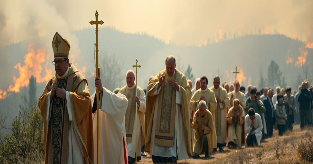 A reverent Catholic procession led by a priest holding the Blessed Sacrament during wildfires in Nebraska.