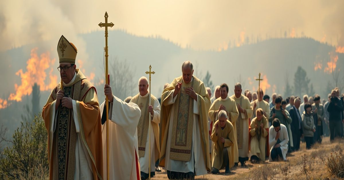 A reverent Catholic procession led by a priest holding the Blessed Sacrament during wildfires in Nebraska.