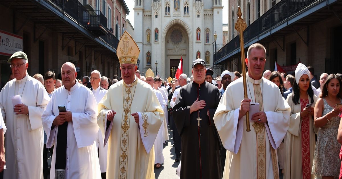 Catholic procession in New Orleans with Archbishop Checchio and Archbishop Aymond reflecting ecclesial crisis.