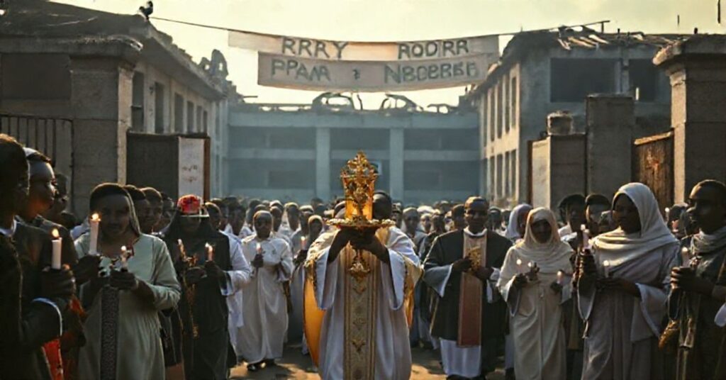 Catholic procession praying for kidnapped students at St. Mary's School in Nigeria.