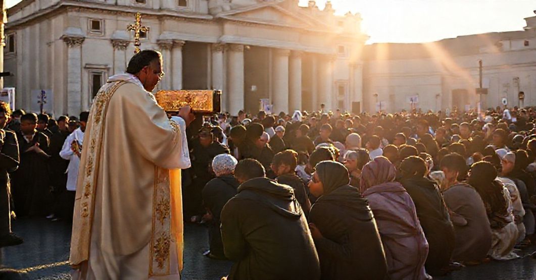 A Catholic procession in Rome with a priest carrying the Blessed Sacrament, accompanied by kneeling refugees from Libya.